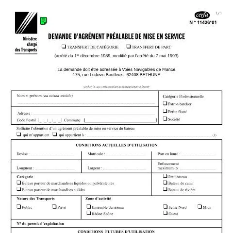 Aperçu du document Demande d'agrément pour changement de catégorie nautique — Démarches administratives (CERFA n°11426*01)