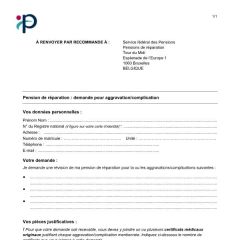 Aperçu du document Demande de pension de réparation pour aggravation ou complication — Retraite & pension (formulaire-pension-de-réparation-demande-pour-aggravation-ou-complication)