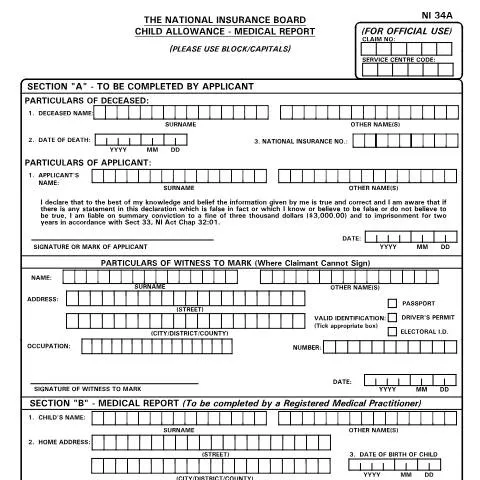 Document preview: Navigating the NI34A Form for Child Allowance Claims — Government & admin (CERFA n°NI34A)
