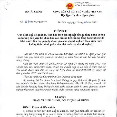 Document preview: Thông tư 137/2025/TT-BTC: Quy định mới về tài sản hạ tầng hàng không — Thuế & tài chính (CERFA n°137/2025/TT-BTC)