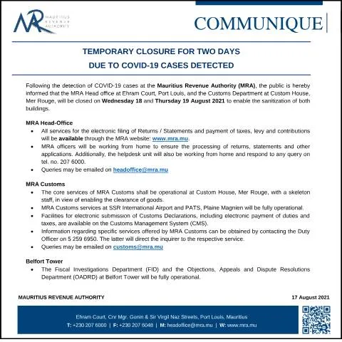 Document preview: Mauritius Revenue Authority Announces Temporary Office Closure Due to — Government & admin (CommuniqueClosure170821)