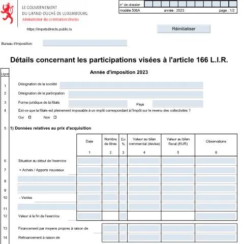 Aperçu du document Comprendre le formulaire 506 A pour les participations au Luxembourg — Démarches administratives (CERFA n°506 A)