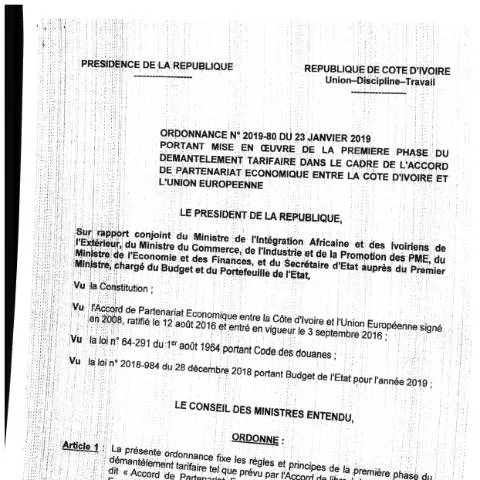 Aperçu du document Ordonnance n°2019-80 : démantèlement tarifaire entre la Côte d'Ivoire — Démarches administratives