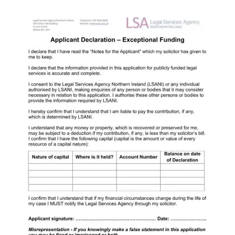 Document preview: Understanding the Applicant Declaration for Exceptional Funding — Legal & justice (LSANI Applicant Declaration Exceptional Funding v1.0 November 2023)
