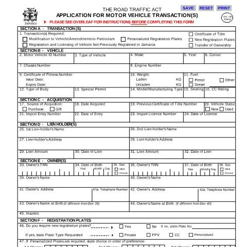Document preview: Jamaica MV01 Application for Motor Vehicle Transactions — Vehicle & driving (CERFA n°MV01_15092022)