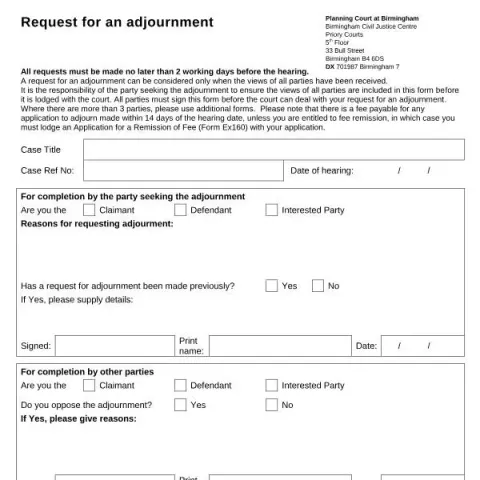 Document preview: Understanding Form PC001: Request for Adjournment in Birmingham — Government & admin