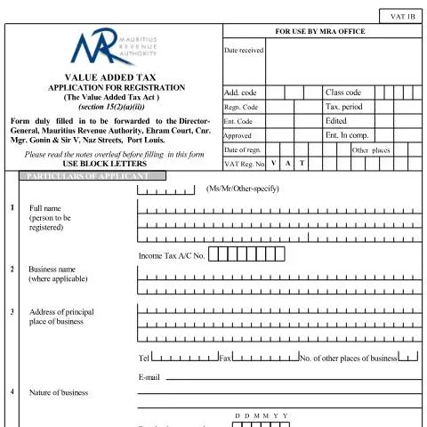 Document preview: Navigating the VAT1B Registration Process in Mauritius — Taxes (CERFA n°VAT1B)