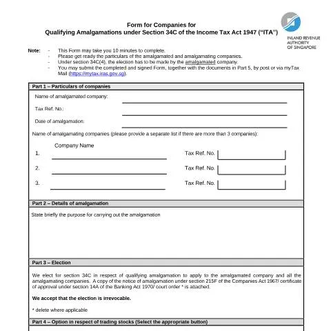 Document preview: Understanding the IRAS Form for Qualifying Amalgamations under Section — Taxes (CERFA n°FORM-FOR-COMPANIES-FOR-QUALIFYING-AMALGAMATIONS-UNDER-SECTION-34-OF-THE-INCOME-TAX-ACT-(ITA))