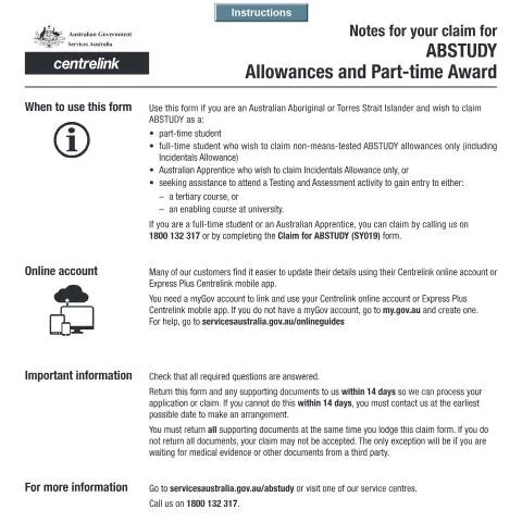 Document preview: Your Guide to ABSTUDY Allowances and Part-time Award Claim — Benefits & social aid (CERFA n°SY021)