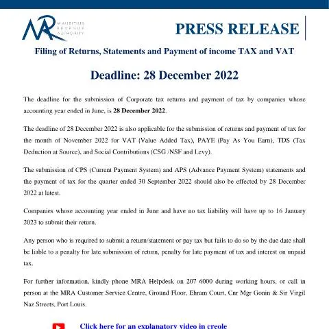 Document preview: Key Tax Submission Deadlines for December 2022 — Taxes (CERFA n°PressRelease261222)