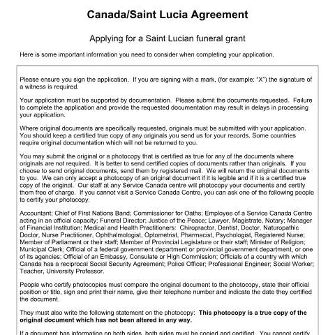 Document preview: Guide to the Saint Lucia/Canada Funeral Grant Application — Health (CERFA n°FB-1)