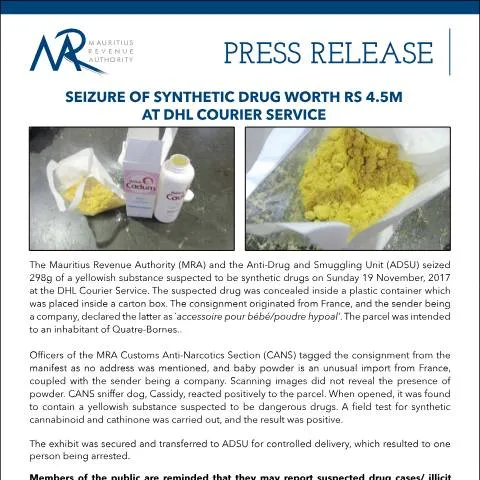 Document preview: Public Vigilance Key in Rs 4.5M Drug Seizure — Government & admin (PressRelease201117)