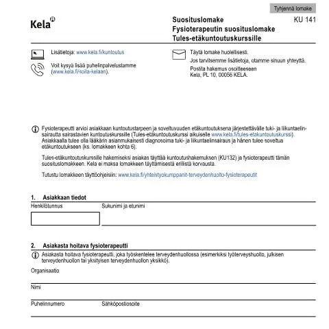 Document preview: Fysioterapeutin Suosituslomake Tules-etäkuntoutuskurssille — Terveys (CERFA n°Kela KU 141)