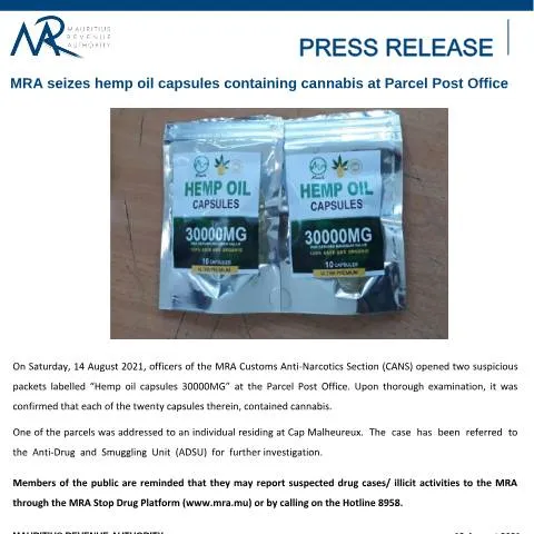 Document preview: MRA's Significant Seizure of Hemp Oil Capsules Highlights Drug — Government & admin (CERFA n°PressRelease190821)