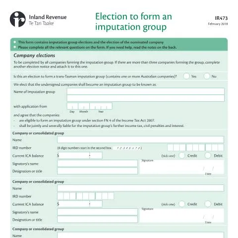 Document preview: Understanding the IR473 Imputation Group Election in New Zealand — Taxes (CERFA n°IR473)