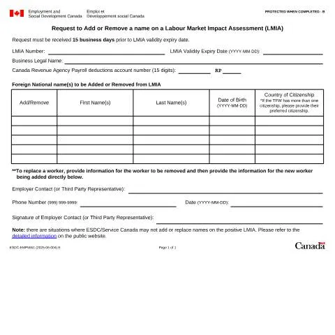 Document preview: Update or Remove Foreign National Names in Canada — Government & admin (CERFA n°ESDC-EMP5661)