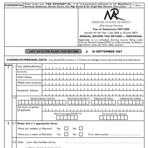Document preview: The Role of Individual Return 01 in Mauritius Taxation — Taxes (CERFA n°Return010708)