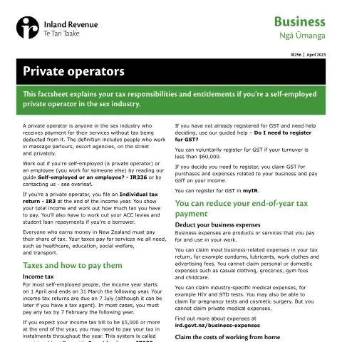Document preview: Tax Responsibilities for Private Operators in New Zealand — Work & employment (CERFA n°IR296)