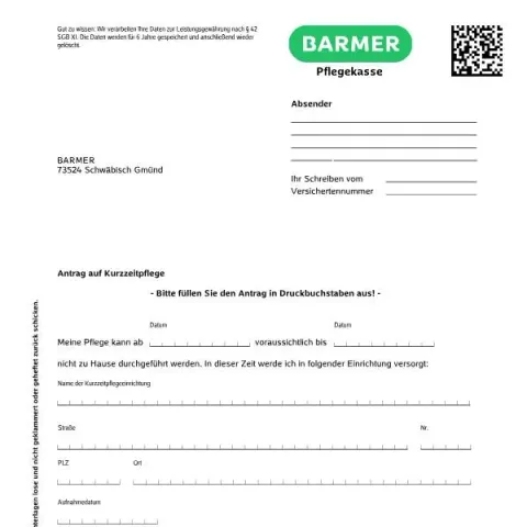 Dokumentvorschau: Kurzzeitpflege beantragen bei der BARMER — Gesundheit (44130)