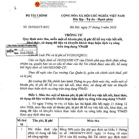 Document preview: Thông tư số 29/2026/TT-BTC: Hỗ trợ dịch vụ công qua VNeID — Thủ tục hành chính (CERFA n°29/2026/TT-BTC)