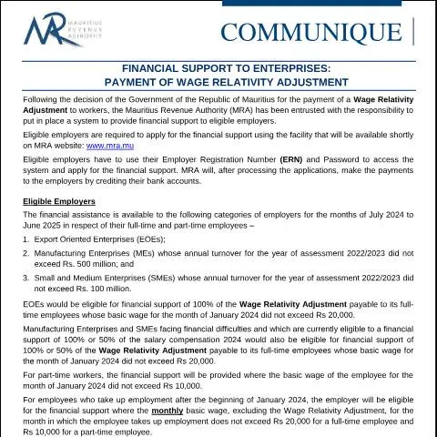 Document preview: Mauritius Financial Support for Wage Relativity Adjustment 2024 — Taxes (CERFA n°CommuniqueWage2024)