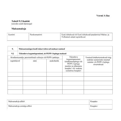 Document preview: Miks on VORM A TABEL 9.2 LISALEHT oluline? — Maksud ja maksustamine (CERFA n°VORM A TABEL 9.2 LISALEHT)