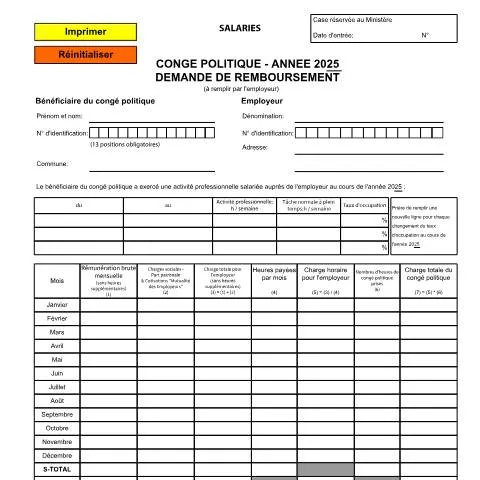Aperçu du document Remboursement du congé politique communal pour 2025 — Emploi & travail (CERFA n°conge-politique-demande-remboursement-employeur)
