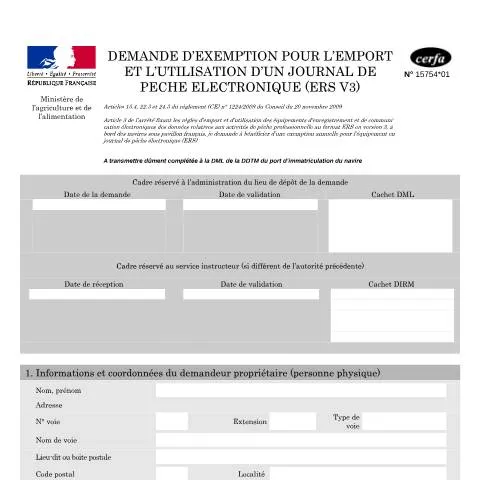 Aperçu du document Comment obtenir une exemption du journal de pêche électronique — Démarches administratives (CERFA n°15754*01)