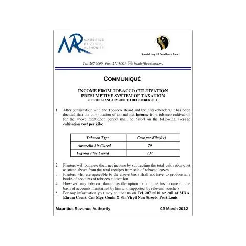 Document preview: Mauritius Tobacco Cultivation Income Tax Guidance 2012 — Taxes (CERFA n°CommuniqueTobaccoCultivation)