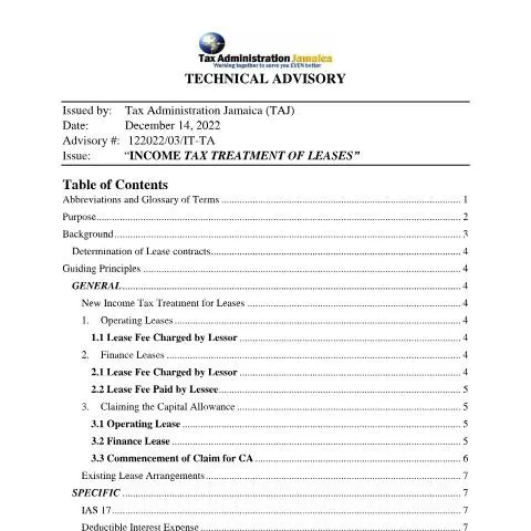 Document preview: Understanding Jamaica's Income Tax Treatment of Leases — Taxes (CERFA n°Technical_Advisory+_Income_Tax_Treatment_of_Leases_012023)