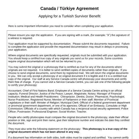 Document preview: Understanding the Türkiye/Canada Agreement for Survivor Benefits — Health (CERFA n°TUR-CAN_1_(S))