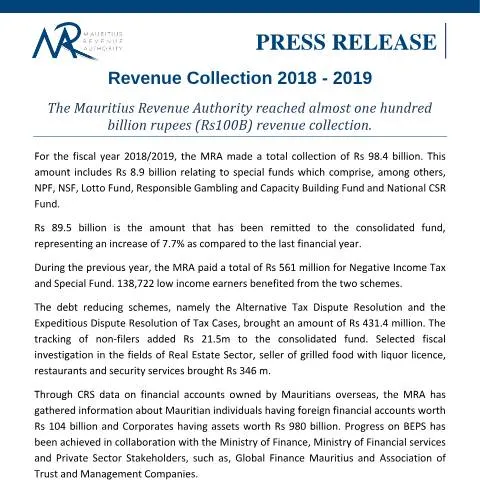 Document preview: Analyzing the Revenue Collection Document of 2018 - 2019 — Government & admin (CERFA n°PressRelease120919)