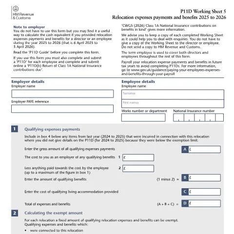 Document preview: P11D Working Sheet 5: PAYE Relocation Costs Calculation Framework — Taxes