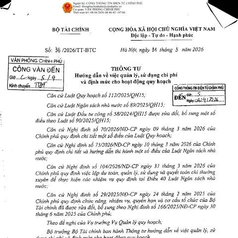 Document preview: Thông tư 36/2026/TT-BTC: Quản Lý Chi Phí Quy Hoạch — Thủ tục hành chính (CERFA n°36/2026/TT-BTC)