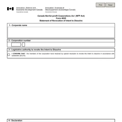 Document preview: Revoking Dissolution Intent for Canada NFP Organizations — Government & admin (Form 4020)