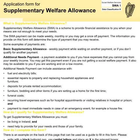 Document preview: Guide to Applying for Supplementary Welfare Allowance (SWA) — Government & admin (CERFA n°SWA1)