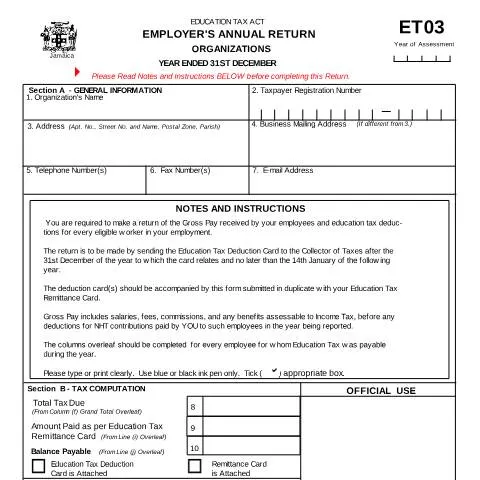 Document preview: Understanding the Employer’s Annual Return Form ET03 in Jamaica — Taxes (CERFA n°et03)