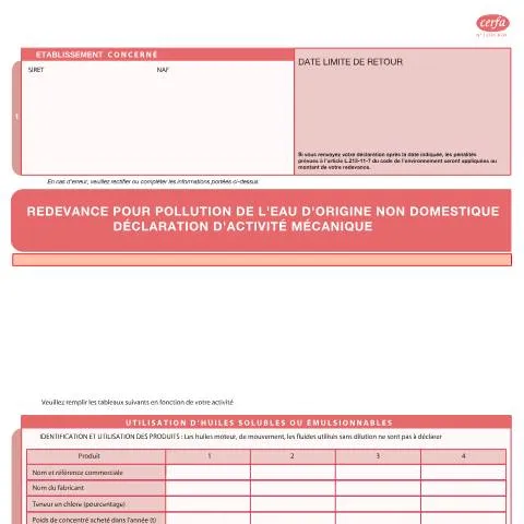 Aperçu du document Déclaration pollution eau : guide pour ateliers mécaniques — Démarches administratives (CERFA n°13731*04)