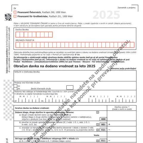 Dokumentvorschau: U1-SL Formular für die Umsatzsteuer 2025 in Österreich — Steuern (CERFA n°U1-SL)