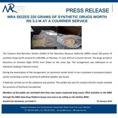 Document preview: MRA's Vigilance: 220g Synthetic Drug Seizure Highlights Ongoing — Government & admin (PressRelease190122)