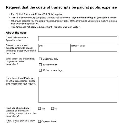 Document preview: Court Transcript Cost Assistance: Complete Guide to Form EX105 — Legal & justice