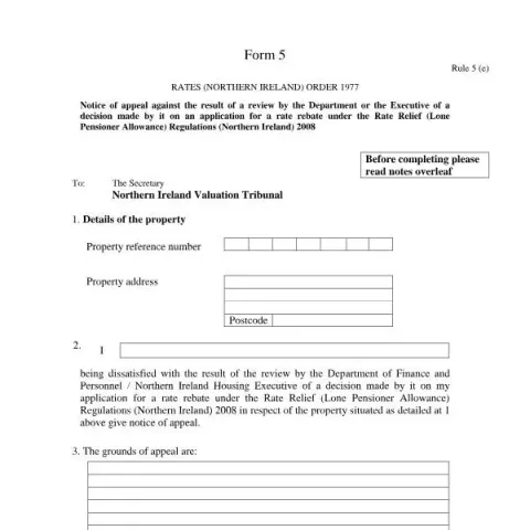 Document preview: Understanding the Northern Ireland Rate Rebate Appeal Form 5 — Government & admin (Form 5)