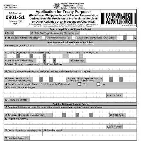 Document preview: Essential Insights on BIR Form No. 0901-S1 for Foreign Professionals — Taxes (CERFA n°0901-S1)