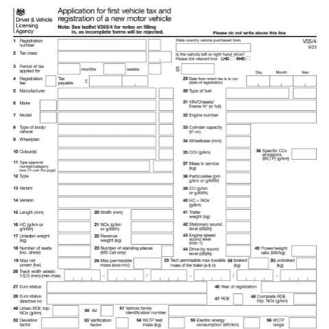 Document preview: UK First Vehicle Registration and Tax: V55/4 Form Guide — Vehicle & driving