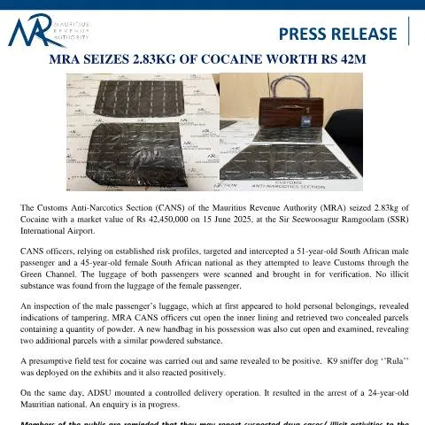 Document preview: Major Cocaine Seizure by MRA at Airport — Government & admin (CERFA n°PressRelease170625)
