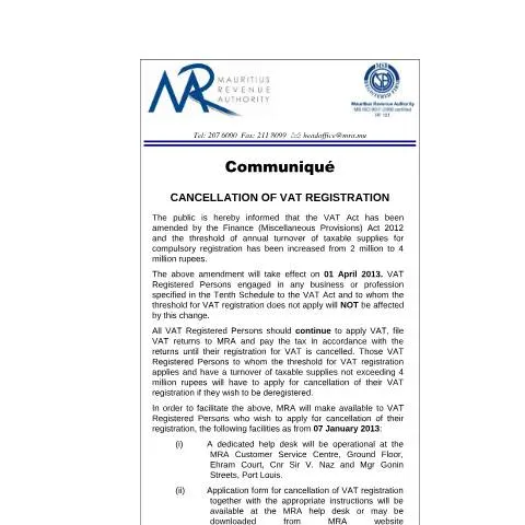 Document preview: Understanding the Mauritius VAT Registration Cancellation Notice — Government & admin (CERFA n°CommuniqueVATRegistrationCancellation)