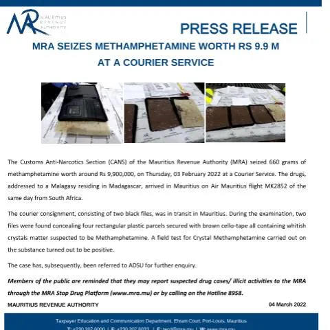 Document preview: MRA's Significant Methamphetamine Seizure Announcement — Government & admin (PressRelease040322)
