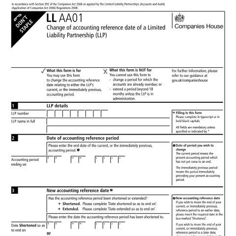 Document preview: How to Change Your LLP's Accounting Reference Date Using Form LL AA01 — Business