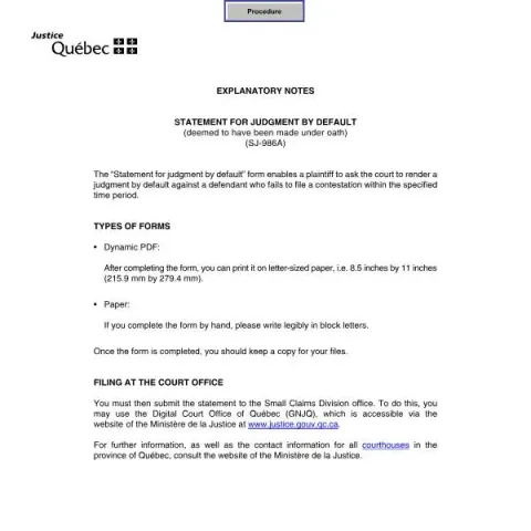 Document preview: Understanding the Statement for Judgment by Default in Québec — Legal & justice (SJ-986A)