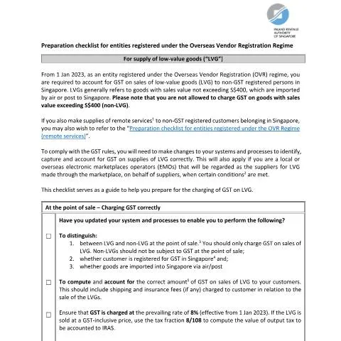 Document preview: Guide for Overseas Vendors on GST Compliance for Low-Value Goods in — Taxes (CERFA n°3.-PREPARATION-CHECKLIST-FOR-OVR-VENDORS-(LOW-VALUE-GOODS))